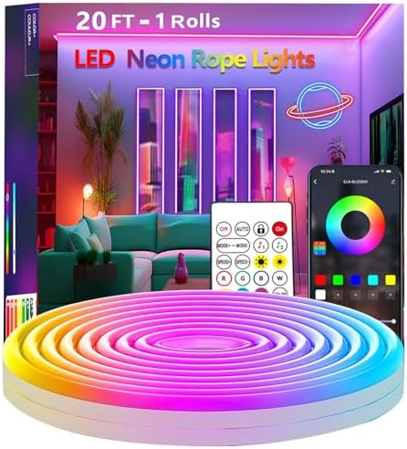 20Ft Neon Rope Lights,Flexible Led Rope Lights Control with App/Remote,Multiple Modes Rope Lights,IP65 Outdoor Waterproof,Music Sync Light Strip for Bedroom