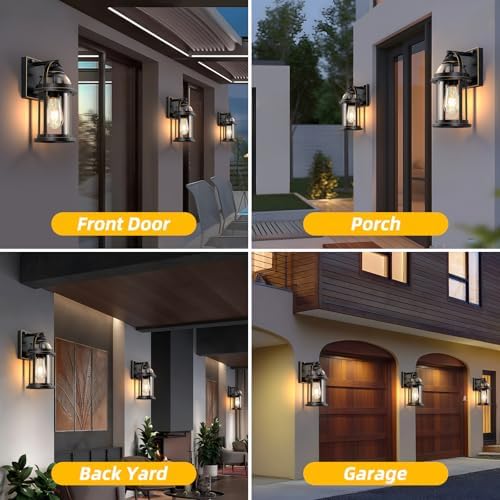 OKELI Dusk to Dawn Outdoor Wall Lights, Waterproof Lighting Fixtures Rustic Farmhouse Wall Lanterns with Clear Glass Shades Anti-Rust Outside Lights for House(Black with Gold-Trim, 1 Pack)