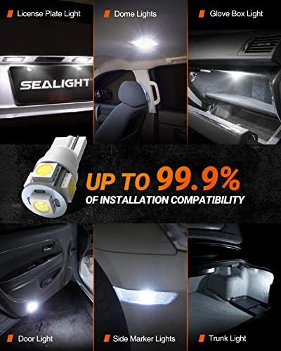 SEALIGHT 194 LED Bulbs, 168 W5W 2825 LED Bulb 6000K White Super Bright Replacement for License Plate Light, Dome Light, Map Light,Courtesy Light (Pack of 10), Automotive Parking Light Assemblies