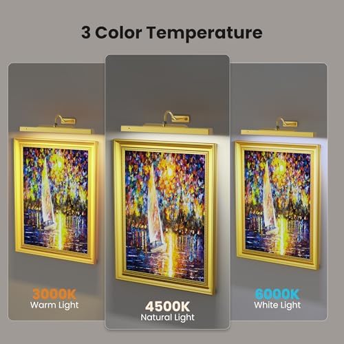 Lights for Pictures on Wall, 16in Battery Operated Picture Lights for Paintings, 5000mAh Wall Lights with Remote and 3 Light Modes,Art Light for Wall Painting,Frame, Portrait, Dartboard - Gold