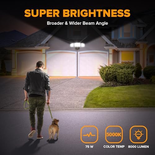 LUTEC 75W 8000 Lumen Floods Light Outdoor, Switch Controlled LED Security Lights with 3 Adjustable Heads, 5000K Daylight, IP65 Waterproof Exterior Flood Light for Outside Garage, Yard, Patio-Brown