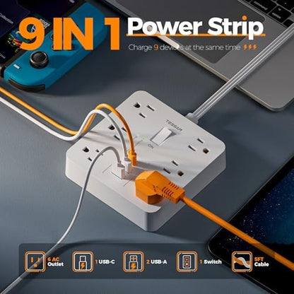 TESSAN Surge Protector Power Strip, 5Ft Flat Plug Extension Cord, White