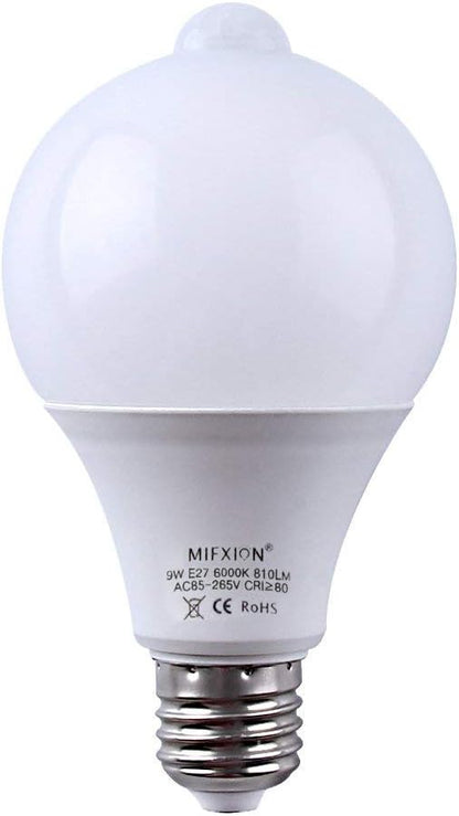MIFXIN Motion Sensor Bulb Led E27 PIR Infrared Dusk to Dawn LED Light Bulb Detection Light Auto Switch Night Lights for Porch Patio Garage Stairs Lobby Carport Hallway Security (9w 810LM Cool White)