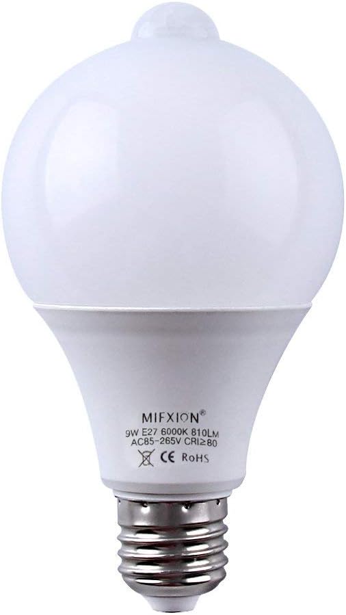 MIFXIN Motion Sensor Bulb Led E27 PIR Infrared Dusk to Dawn LED Light Bulb Detection Light Auto Switch Night Lights for Porch Patio Garage Stairs Lobby Carport Hallway Security (9w 810LM Cool White)