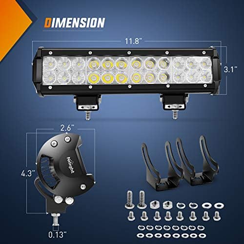 Nilight - ZH084 LED Light Bar 12Inch 72W Spot Flood Combo LED Off Road Lights 12V 5Pin Rocker Switch Wiring Harness Kit- One Lead, 2 Years Warranty