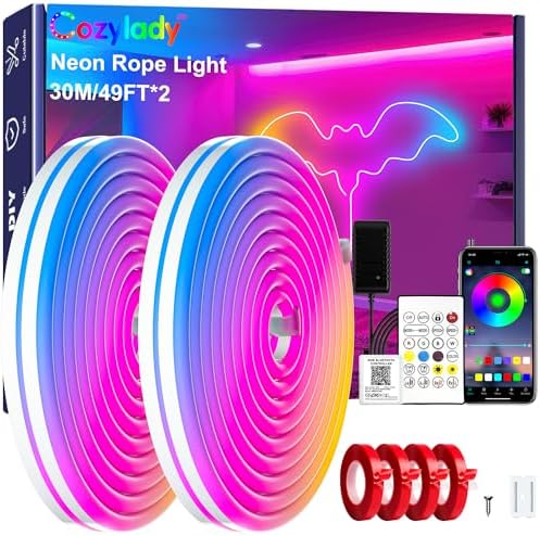 Cozylady RGB Neon Light LED Rope Light,Waterproof Bluetooth APP Remote Control Music Sync Strip Light,24V Flexible DIY Silicone Light for Bedroom Home Indoor Outdoor Decoration (100Ft/30M)