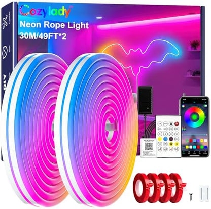 Cozylady RGB Neon Light LED Rope Light,Waterproof Bluetooth APP Remote Control Music Sync Strip Light,24V Flexible DIY Silicone Light for Bedroom Home Indoor Outdoor Decoration (100Ft/30M)