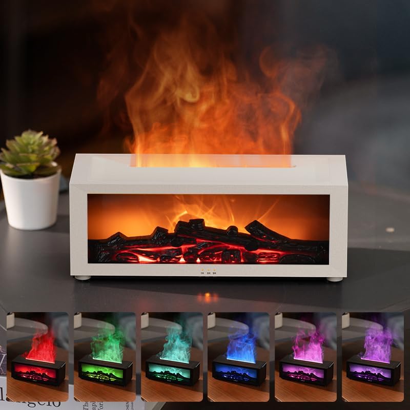 Essential Oil Diffuser, Fireplace Flame Oil Diffuser - Aromatherapy Aroma Humidifier, Upgrade 7 Colors Noiseless Remote Control - Perfect for Bedroom Home Office (150ml Fireplace Flame, White)
