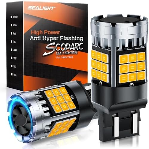 SEALIGHT 7443 7440 Amber Yellow, T20 LED Bulb Amber Anti Hyper Flashing, W21W LED Bulb for Turn Signal Light Need Extra Load Resistor, Pack of 2