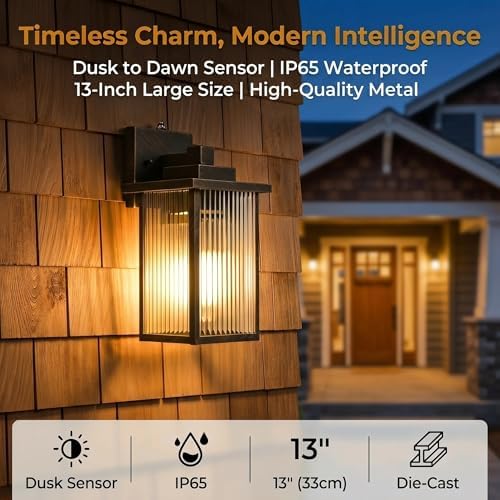 2-Pack 13-Inch Dusk to Dawn Outdoor Light, Black Brush Gold Metal