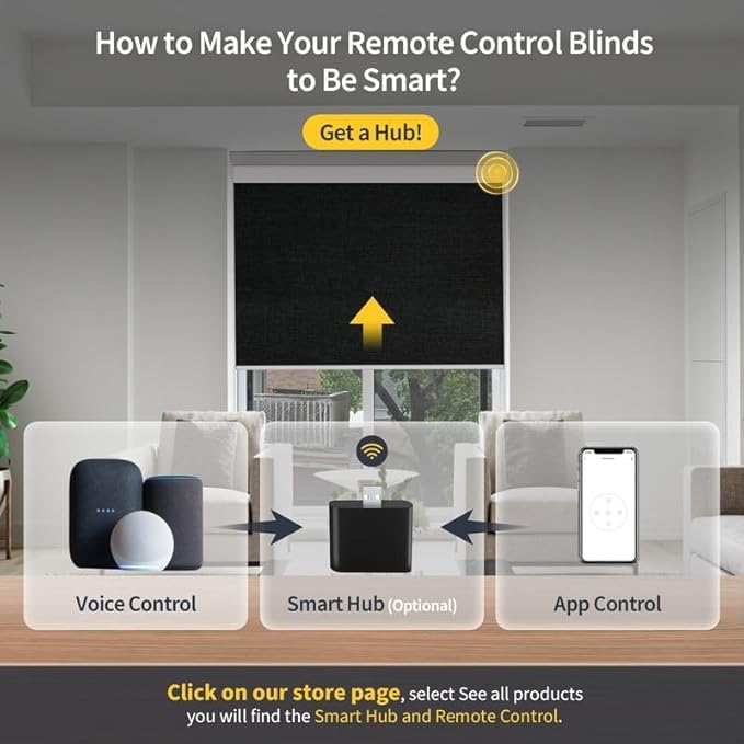 Motorized Blinds with Remote, Grasscloth Fabric Smart Blinds with Valance Cover, Cordless Automatic Roller Shades, Blackout Electric Blinds for Windows,Black 30" W x 72" H