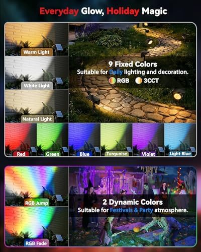 Focusing Solar Spot Lights Outdoor Waterproof, RGB+3CCT Tree Uplights 6Pack