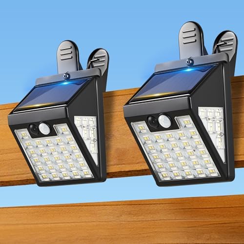 2 Pack Clip On Solar Lights Outdoor, 600LM Motion Sensor Solar Fence Lights, No Drill Installation Solar Lights for Fence Deck Railing Gutter, IP65 Waterproof Outdoor Security Lights