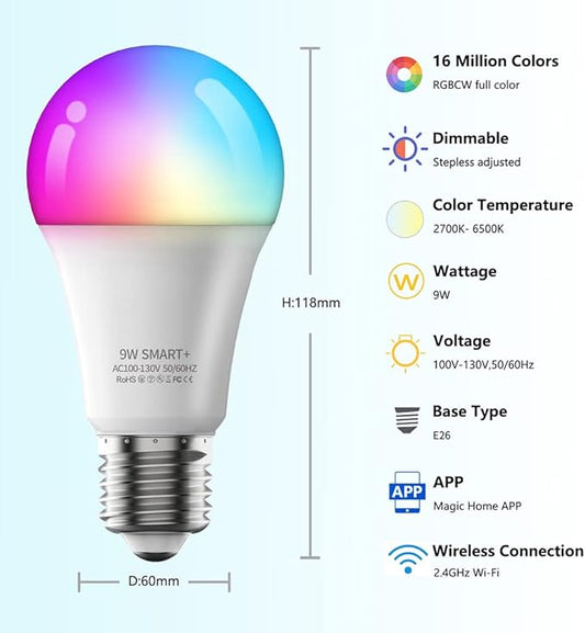 LGIDTECH ZJ09B RGBWW WiFi LED Light Bulb E26 AC100-130V,RGB Color Changing,Color Temperature Adjustable,Compatible with Alexa Google Home Siri Voice Control.Smartphone APP Control Without hub