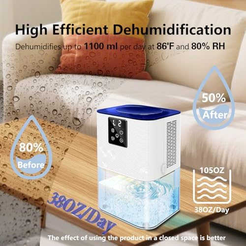MTOX Dehumidifier, 3L/105oz Water Tank, 1100ml/Day, Dehumidifier for Bathroom Bedroom Basement RV, Quiet 28dB Sleep Mode, Auto Shut-Off, Auto Defrost, 7-Color LED Light, Digital Display (Blue White)