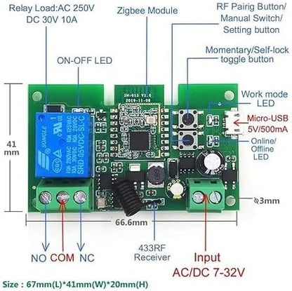 Zigbee 1CH DC 7-32V USB 5V Relay Smart Switch Module， Wireless APP Remote Control with Inching/Self-Lock Switch modle，Works with Tuya Zigbee Gateway，Alexa，Google Home (ZigBee Hub Needed)