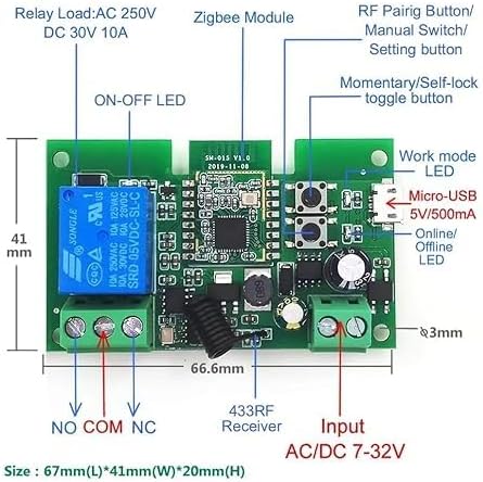 Zigbee 1CH DC 7-32V USB 5V Relay Smart Switch Module， Wireless APP Remote Control with Inching/Self-Lock Switch modle，Works with Tuya Zigbee Gateway，Alexa，Google Home (ZigBee Hub Needed)