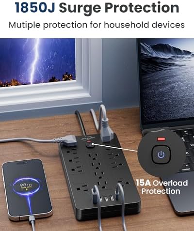 JouleLoom Surge Protector Power Strip-14 Outlets and 6 USB Ports, 15 Feet Flat Plug Extension Cord, 1850 Joules, Black, ETL Listed for Home, Office, Dorm Room