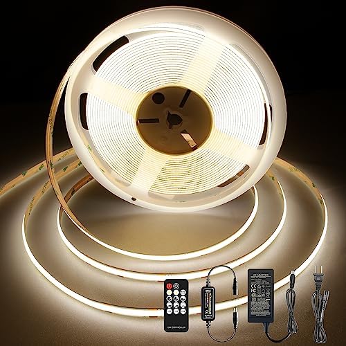Pandery LED Strip Lights 32.8FT,Dimmable cob led Strip with Adapter and Remote,24V Strip Lights CRI90+ 8mm Wide 3840leds,Natural White 4000K Indoor led Tape,Perfect for Cabinet,Room,Kitchen,TV