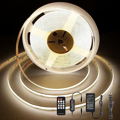 Pandery LED Strip Lights 32.8FT,Dimmable cob led Strip with Adapter and Remote,24V Strip Lights CRI90+ 8mm Wide 3840leds,Natural White 4000K Indoor led Tape,Perfect for Cabinet,Room,Kitchen,TV