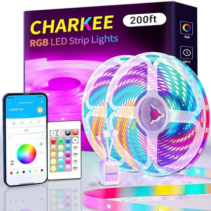 CHARKEE LED Strip Lights 200ft (2 Rolls of 100ft). 24V 5050 Ultra Long Super Bright Smart Light Strips with APP Control. 24keys Remote Music Sync Color Changing Led Lighting for Bedroom, Decoration