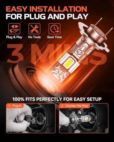 SEALIGHT H7 Bulbs, 80,000LM 1200% Brighter H7 LED Bulbs, 6500K Cool White Bulbs with Super Cooling Fan, 70,000+ Hrs Long-Term Extended Lifespan, Plug and Play with All in one Wireless, Pack of 2
