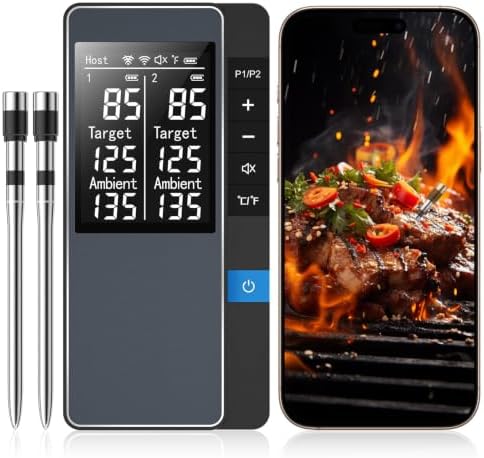 Smart Bluetooth Wireless Meat Thermometer, Real-Time Monitoring Control Digital Thermometer with Smart App, 2 Meat Probes IP67 Waterproof High Accuracy Perfect for BBQ, Oven, Grill & Smoker
