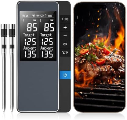 Smart Bluetooth Wireless Meat Thermometer, Real-Time Monitoring Control Digital Thermometer with Smart App, 2 Meat Probes IP67 Waterproof High Accuracy Perfect for BBQ, Oven, Grill & Smoker