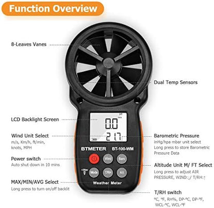 BTMETER BT-100WM Handheld Anemometer, Wind Speed Meter, Digital Barometer