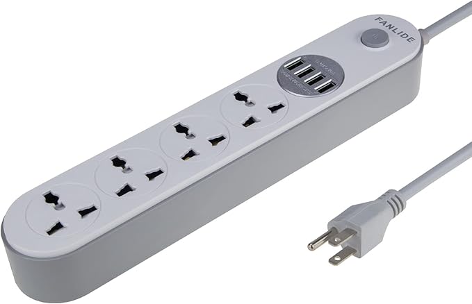 Universal Power Strip with USB Ports, FANLIDE Extension Cord with Multiple outlets, 4 Outlets 4 Smart USB, 6.5ft Power Cord, 2500W Circuit Breaker, Child Safe Door, fit for Cruise Ship, Dorm Room