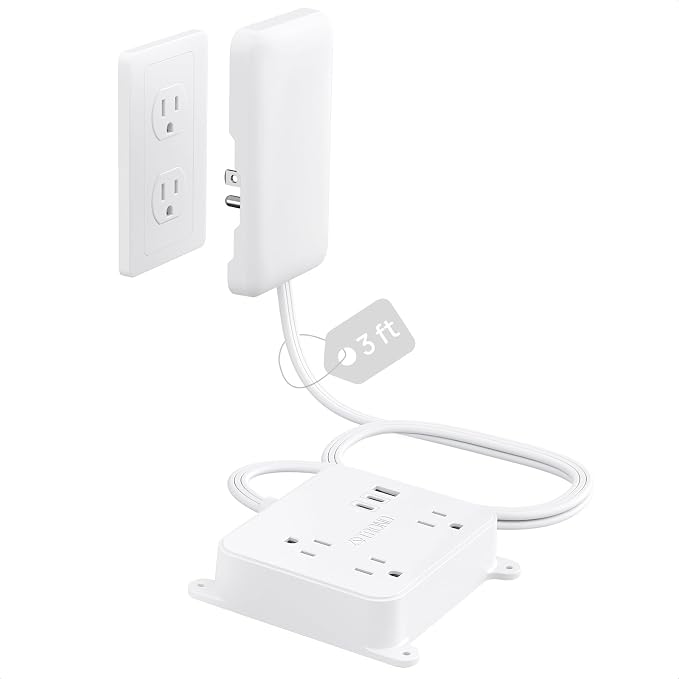 TROND Flat Power Strip with Outlet Concealer, 3 FT Short Extension Cord | 3 Widely Spaced AC Outlets, 3 USB Charger(2 USB C Ports), Wall Mount Outlet Cover for Nightstand Couches Home Essentials