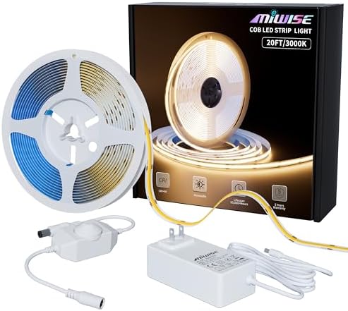 MIWISE COB LED Strip Light 20ft/6.1m,CRI 90+ Warm White 3000K High Lumen Dimmable Super Bright Flexible DC24V LED Tape Light with Controller/Dimmer,for Cabinet Home Office DIY Lighting Projects