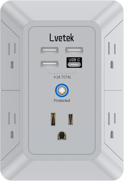Outlet Extender, Surge Protector Outlet with 5-Multi Plug Outlet and 4 USB Ports(1 USB C), 3-Sided 1680J Power Strip Wall Charger, Multiple-Plug Outlet Splitter for Home Travel Office,ETL Listed,Grey