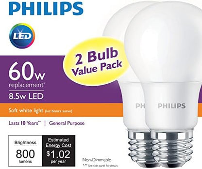 Philips LED Non-Dimmable A19 Frosted Light Bulb: 800-Lumen, 2700-Kelvin, 8.5-Watt (60-Watt Equivalent), E26 Base, Soft White, 2-Pack