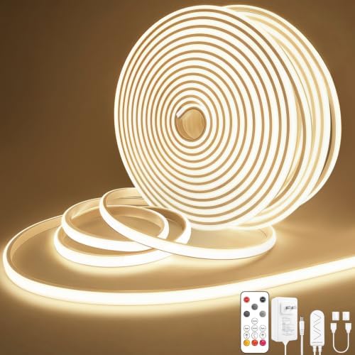 Lamomo COB LED Strip Lights 65.6Ft, 2 Roll Natural White Dimmable Self-Adhesive Led Rope Light with Remote, Flexible Cuttable Waterproof 4000K Silicone Neon Tape Lights for Bedroom, Indoor, Cabinet