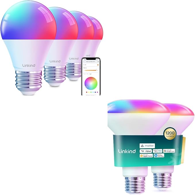 Linkind Matter BR30 Smart Recessed Flood Light Bulb 1200lm RGBTW 2Pack Bundle Color Changing Smart Light Bulbs A19 4 Pack, Compatible with Alexa & Google Home