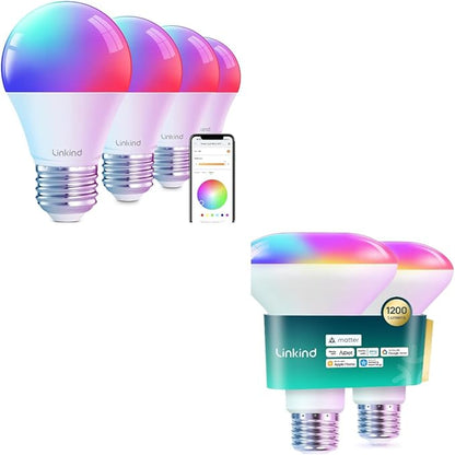 Linkind Matter BR30 Smart Recessed Flood Light Bulb 1200lm RGBTW 2Pack Bundle Color Changing Smart Light Bulbs A19 4 Pack, Compatible with Alexa & Google Home