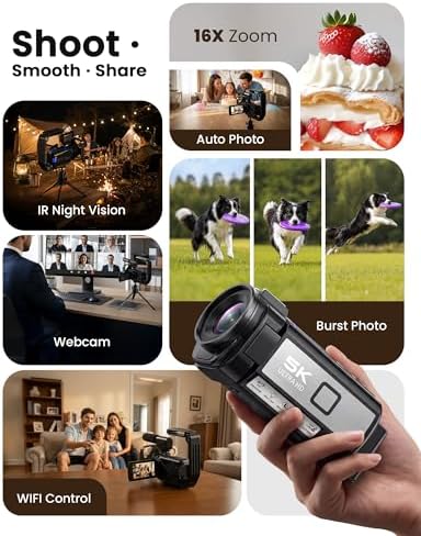 5K Video Camera Camcorder, 64MP Video Cameras for Filming with 3" 270° Rotatable Touch Screen, 16X Zoom Digital Camera with IR Night Vision, WiFi & Webcam, 32GB Card + 2 Batteries + Mic Included