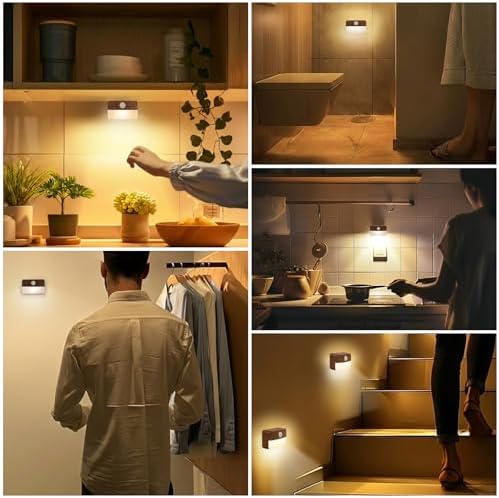 Guankai 8 Pack Motion Sensor Stair Light for Indoor, Battery Operated Closet Lights, Wireless Stick on Anywhere Hallway Lamp, Portable Led Night Lamps for Bedroom Under Cabinet Kitchen, Wood Grain