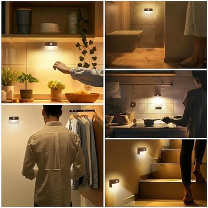Guankai 8 Pack Motion Sensor Stair Light for Indoor, Battery Operated Closet Lights, Wireless Stick on Anywhere Hallway Lamp, Portable Led Night Lamps for Bedroom Under Cabinet Kitchen, Wood Grain