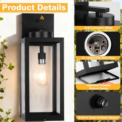 20" Black Dusk to Dawn Outdoor Wall Lantern with Closed Bottom, Coach Light