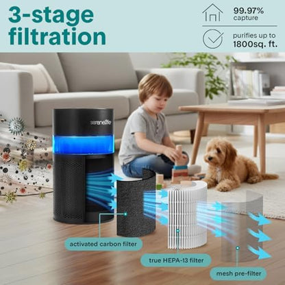 SereneLife Portable Air Purifier - Small Air Purifier with Aroma Box & Ambient Light, High Filtration Efficiency, Filter Change Reminder, 2-Speed, Timer & Sleep Mode, 6 x 6 x 12 in. (Black)