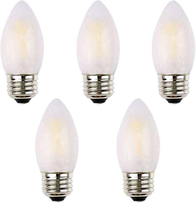 C35 2W LED Candelabra Bulb, 25W Incandescent Equivalent, Dimmable, High CRI Warm White Light 2700K, Frosted Glass Cover, E26 Medium Base, Torpedo Tip, 5 Pack