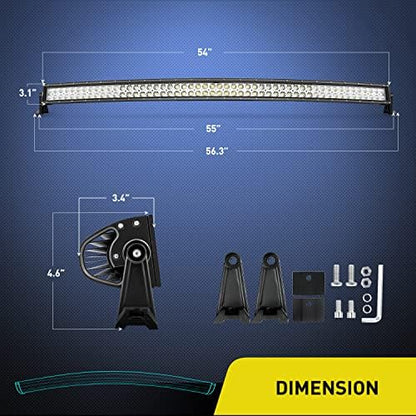 Nilight 54 Inch 312W Curved Spot Flood Combo Led Light Bar LED Off Road Light Driving Light and 1PC 14AWG 12V 5Pin Rocker Switch Wiring Harness Kit - 1 Lead