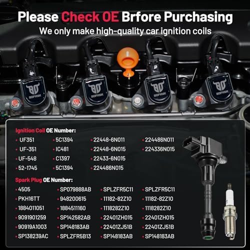 BDFHYK Ignition Coil Pack UF351 and Iridium Spark Plugs 4505 Compatible with Nissan Sentra 2002 2003 2004 2005 2006 1.8L L4 22448-6N015 22433-6N015 1884011051, Sets of 4