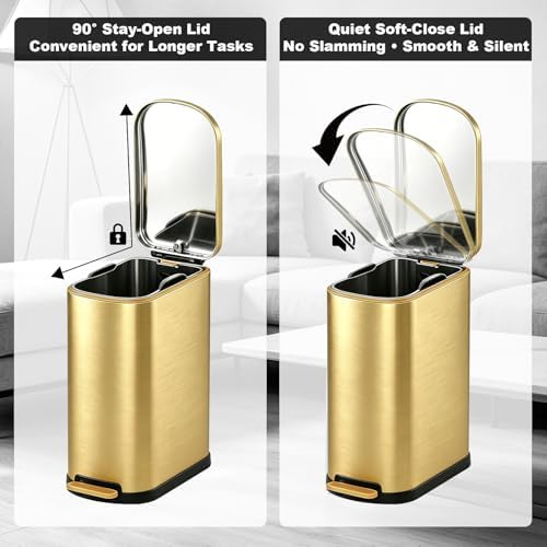 SYNCVIBE Slim Bathroom Trash Can with Soft Close Lid, 3.5 Gal, Gold