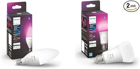 Philips Hue Smart 40W B39 Candle and 75W A19 LED Bulbs Bundle - White and Color Ambiance Color-Changing Lights - 1 Pack Each - 450LM and 1100LM