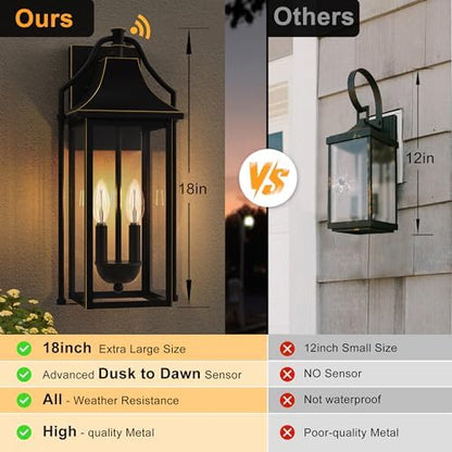 18IN Dusk to Dawn Outdoor Wall Sconce, 2-E12 Base Porch Light