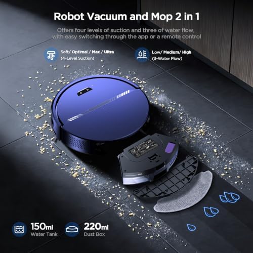 Robot Vacuum and Mop Combo, 8000Pa Strong Suction 2 in 1 Vacuum Robot with Mopping, with Schedule, Wi-Fi/App/Remote, Self-Charging, Slim, Ideal for Hard Floor, Pet Hair, Low-Pile Carpet