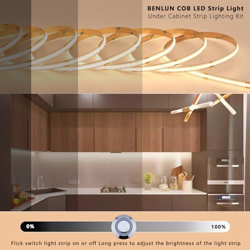 BENLUN 12V COB LED Under Cabinet Strip Lighting Cuttable 32.8ft for Kitchen